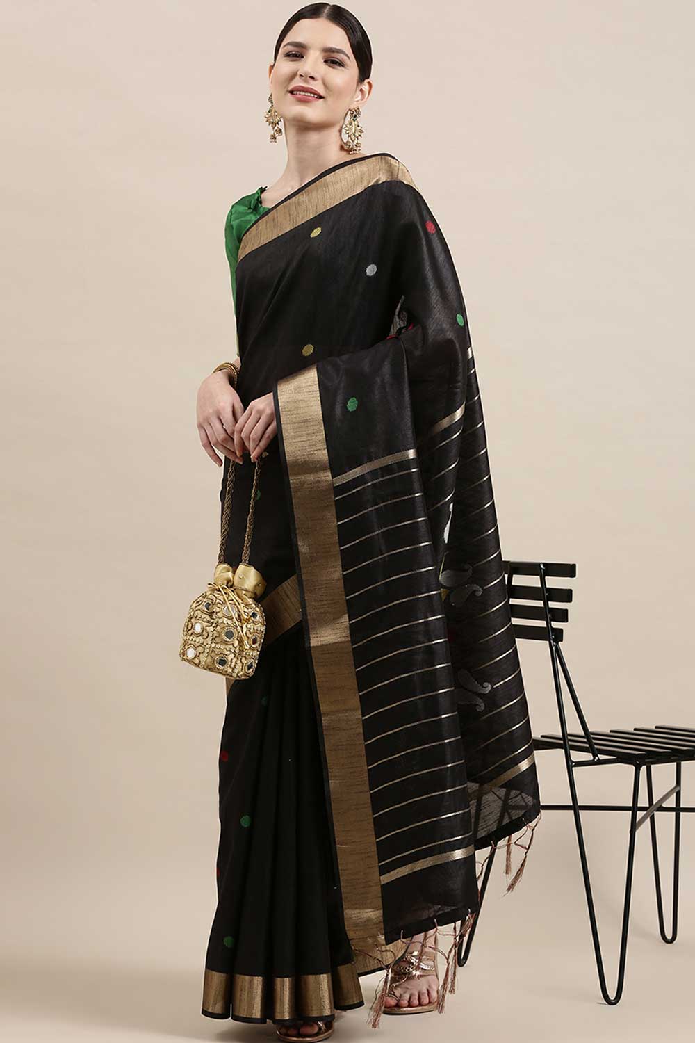 Buy Cotton Silk Polka Dot Saree in Black Online - Zoom In