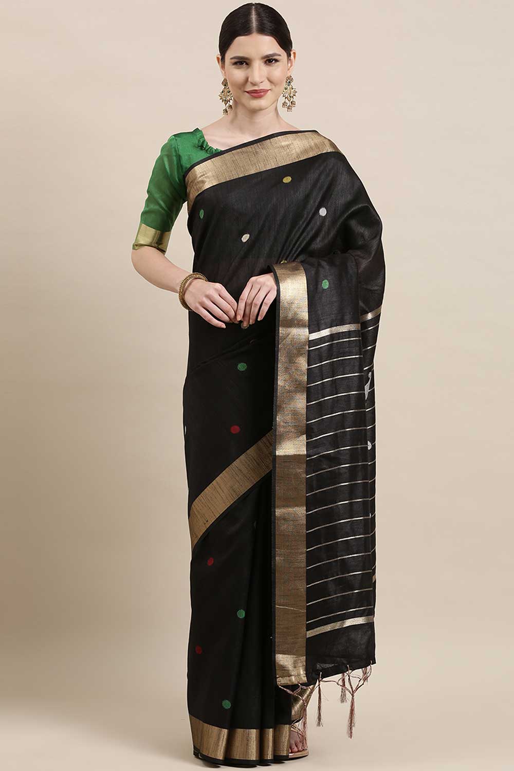 Buy Cotton Silk Polka Dot Saree in Black Online