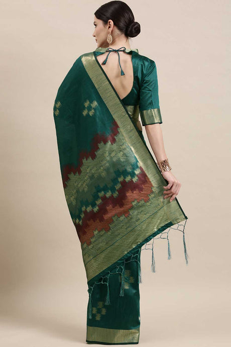 Buy Cotton Silk Banarasi Saree in Teal blue Online - Back