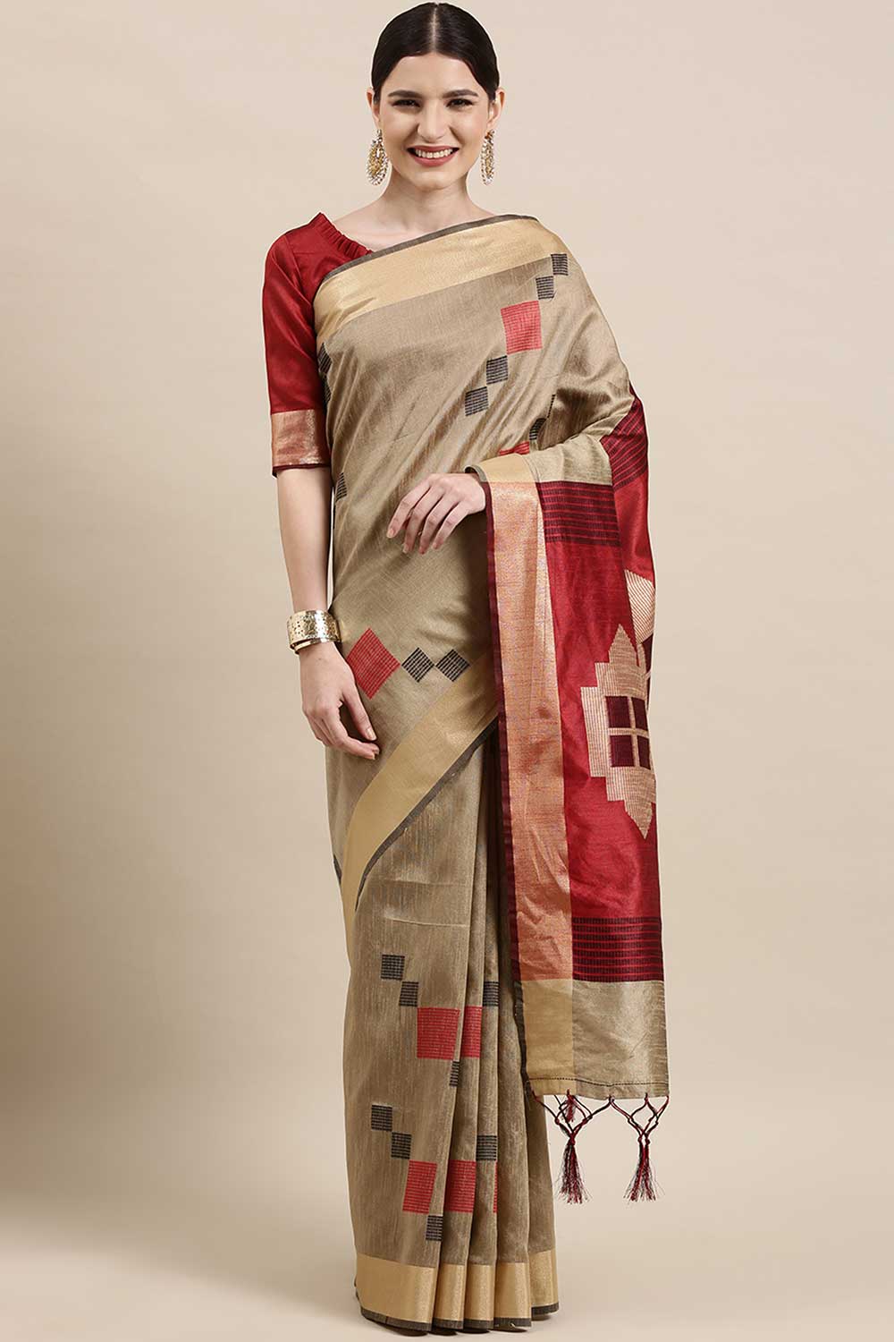 Buy Cotton Silk Banarasi Saree in Cream Online