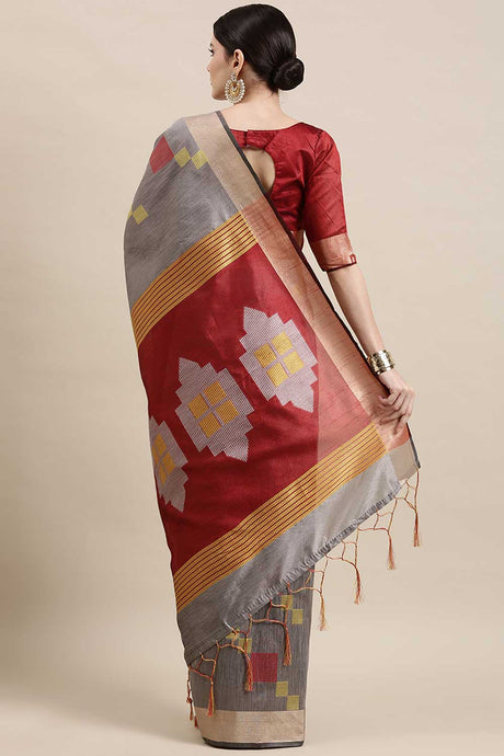 Buy Cotton Silk Banarasi Saree in Grey Online - Back