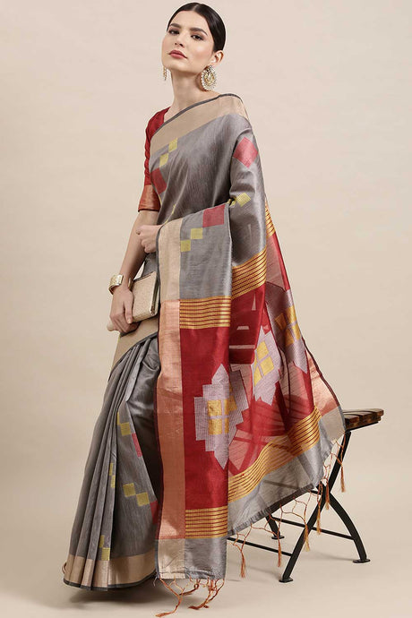 Buy Cotton Silk Banarasi Saree in Grey Online - Zoom In