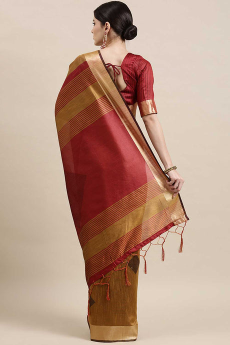 Buy Cotton Silk Banarasi Saree in Mustard Online - Back