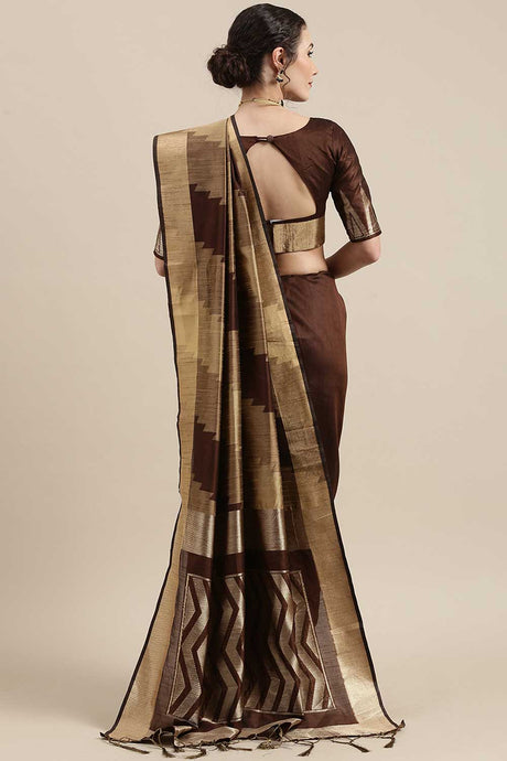 Buy Cotton Silk Banarasi Saree in Brown Online - Back