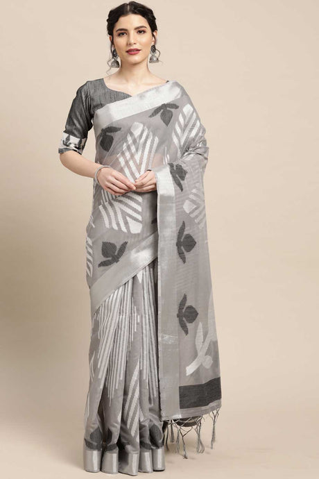 Buy Cotton Blend Geometric Design Saree in Grey Online