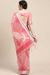 Buy Cotton Blend Geometric Design Saree in Pink Online - Back