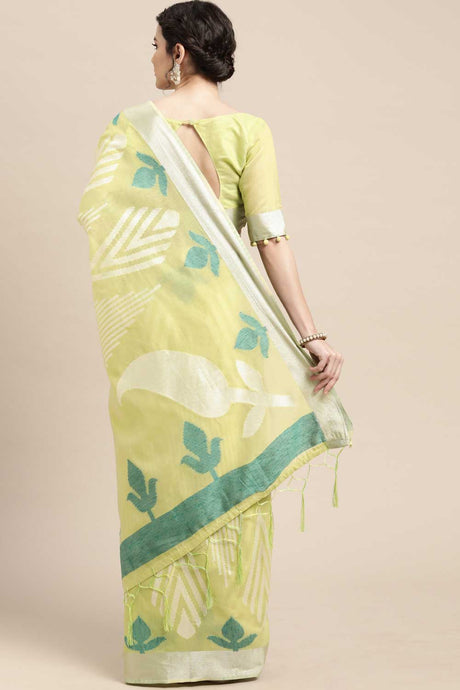 Buy Cotton Blend Geometric Design Saree in Lime Green Online - Back