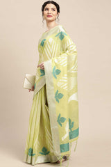 Buy Cotton Blend Geometric Design Saree in Lime Green Online - Zoom In