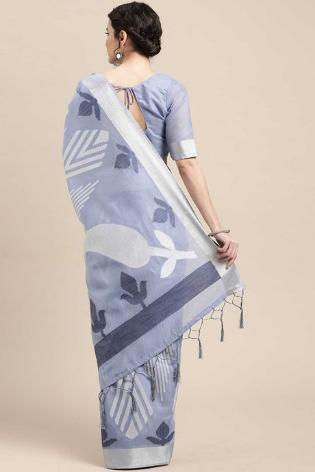 Buy Cotton Blend Geometric Design Saree in Light Blue Online - Back