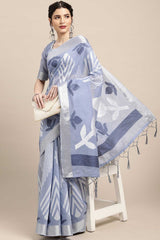 Buy Cotton Blend Geometric Design Saree in Light Blue Online - Zoom In