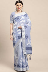 Buy Cotton Blend Geometric Design Saree in Light Blue Online