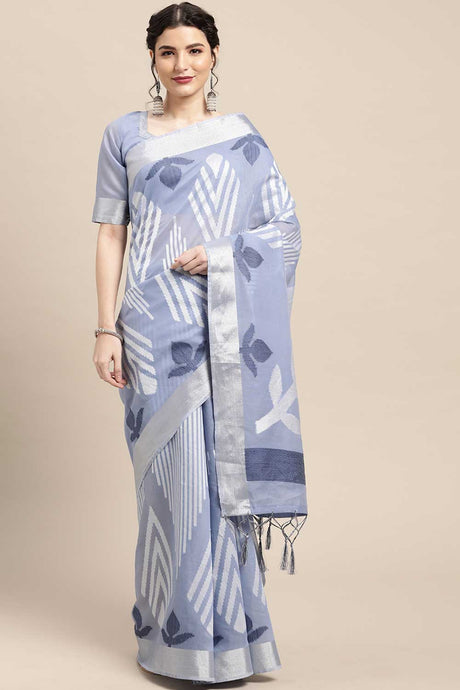 Buy Cotton Blend Geometric Design Saree in Light Blue Online