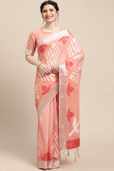 Buy Cotton Blend Geometric Design Saree in Peach Online