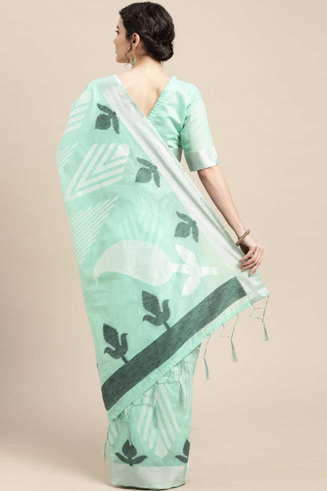 Buy Cotton Blend Geometric Design Saree in Sea Green Online - Back