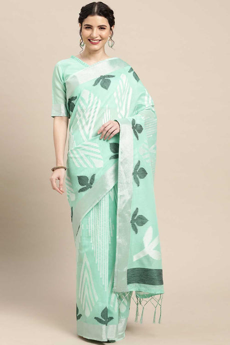 Buy Cotton Blend Geometric Design Saree in Sea Green Online