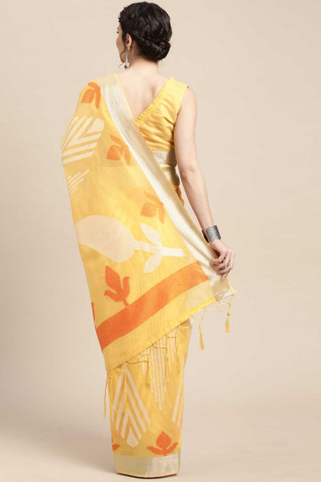 Buy Cotton Blend Geometric Design Saree in Yellow Online - Back