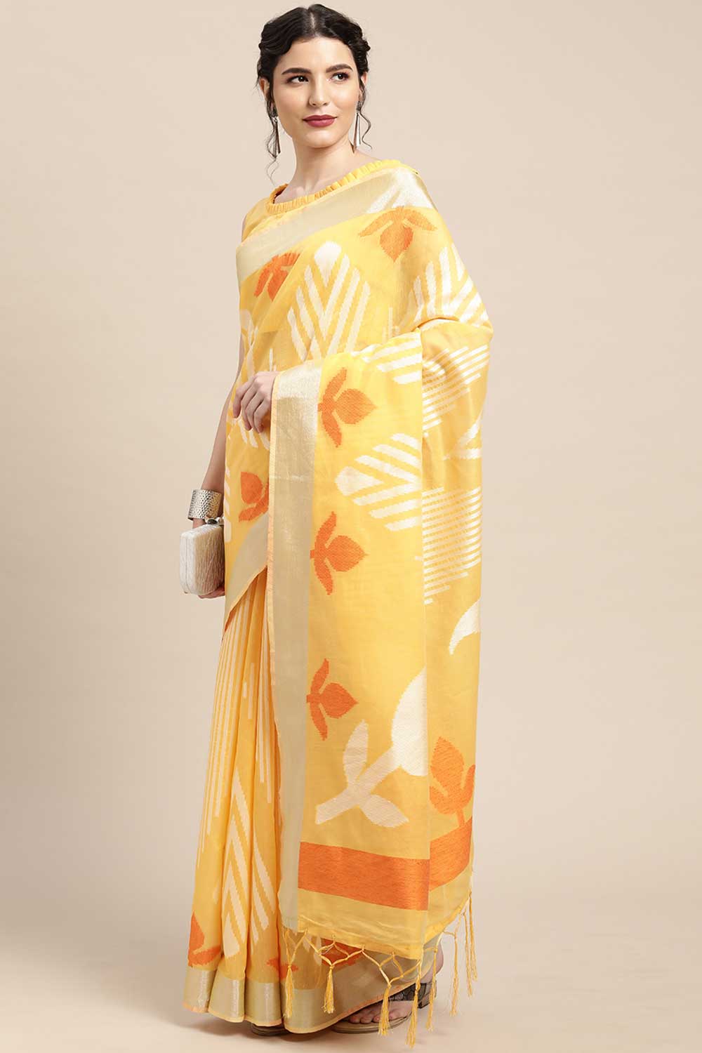 Buy Cotton Blend Geometric Design Saree in Yellow Online - Zoom In