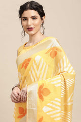 Buy Cotton Blend Geometric Design Saree in Yellow Paatern Design