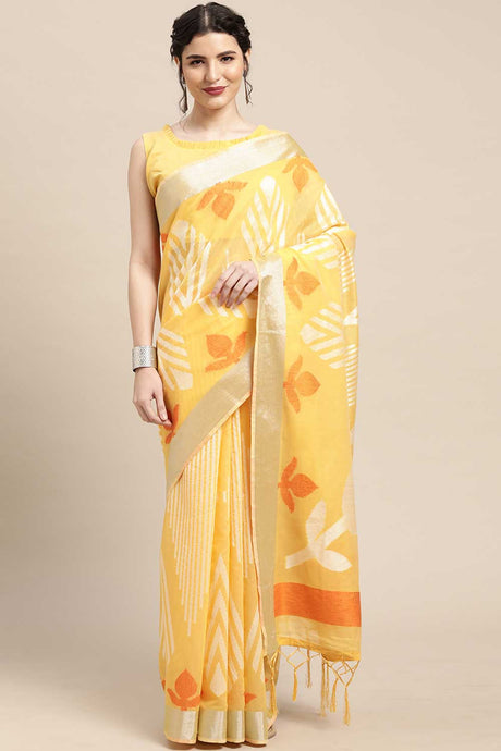 Buy Cotton Blend Geometric Design Saree in Yellow Online