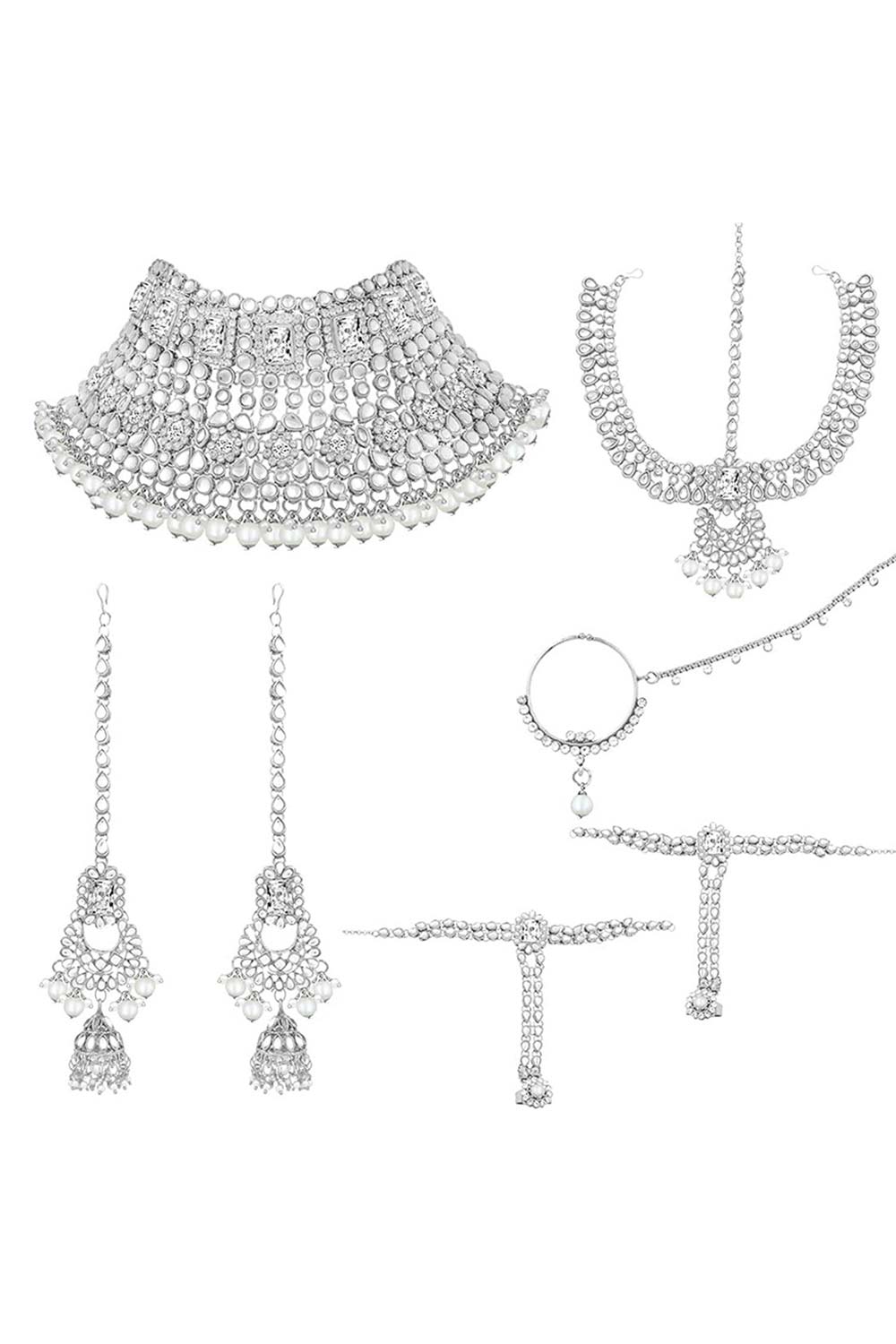 White Rhodium Plated Handcrafted Faux Kundan Studded Necklace Earring Set