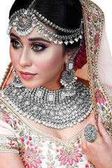 White Rhodium Plated Handcrafted Faux Kundan Studded Necklace Earring Set