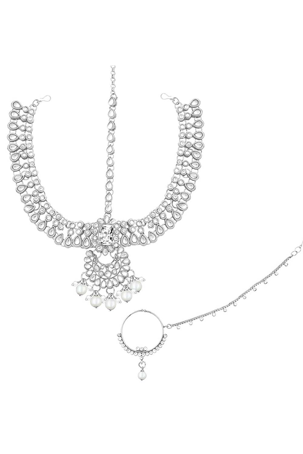 White Rhodium Plated Handcrafted Faux Kundan Studded Necklace Earring Set