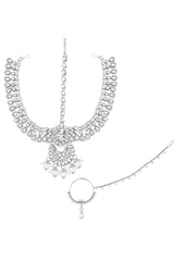 White Rhodium Plated Handcrafted Faux Kundan Studded Necklace Earring Set