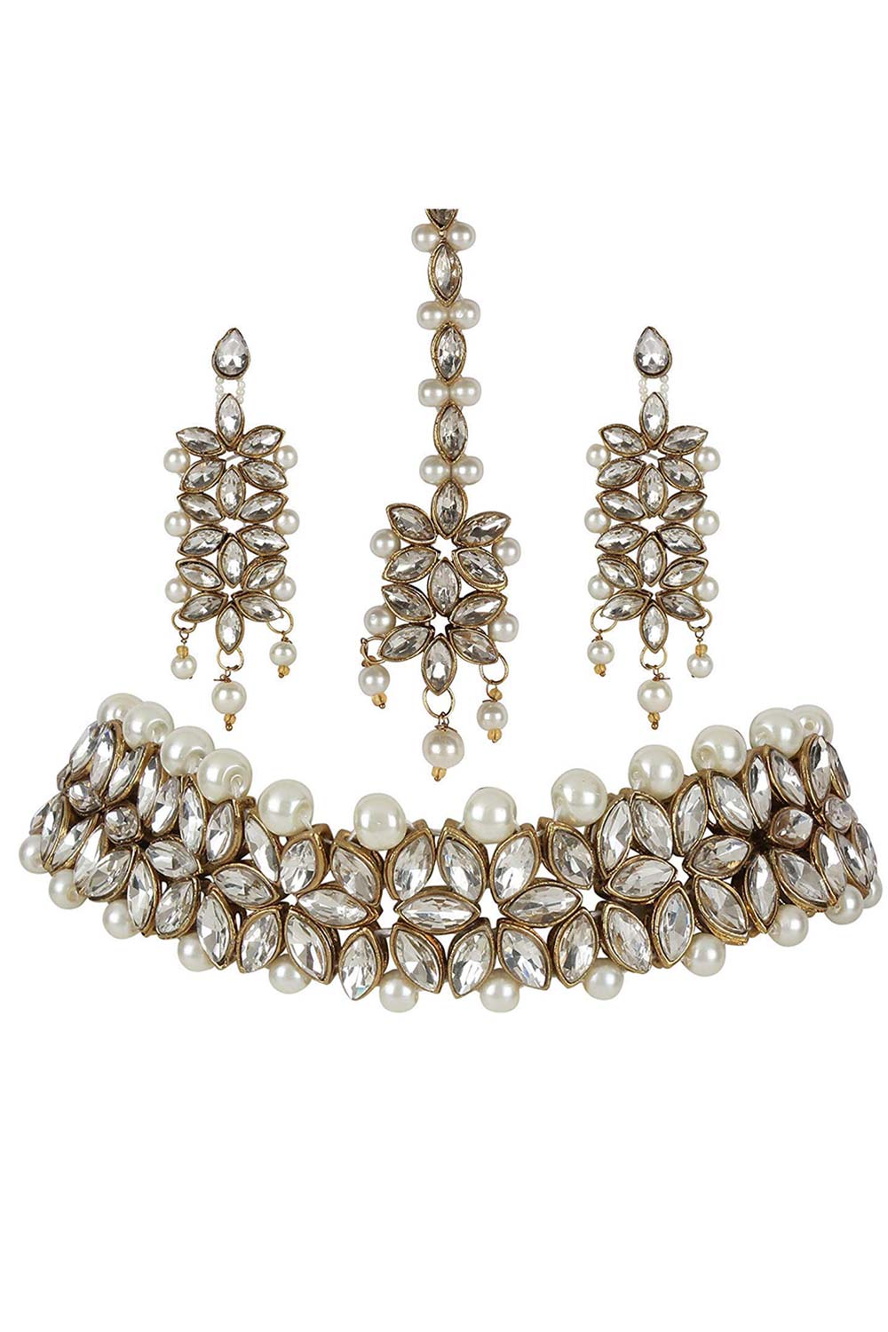 Alloy Necklace with Earrings and Maang Tikka in white