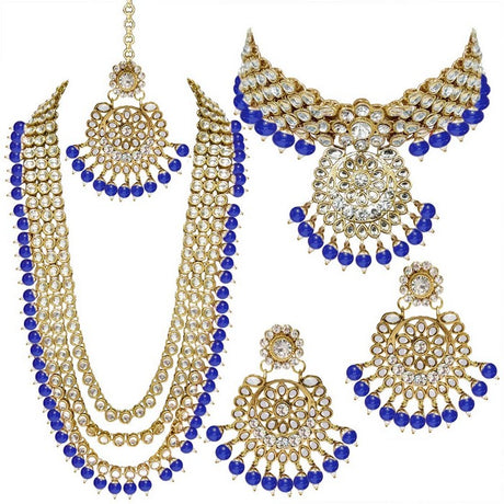 Alloy Necklace with Earrings and Maang Tikka in Blue