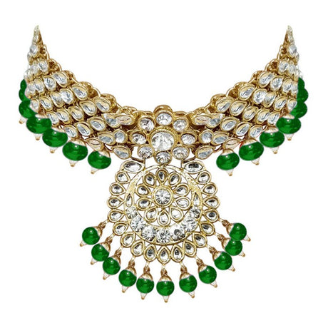 Alloy Necklace with Earrings and Maang Tikka in Green