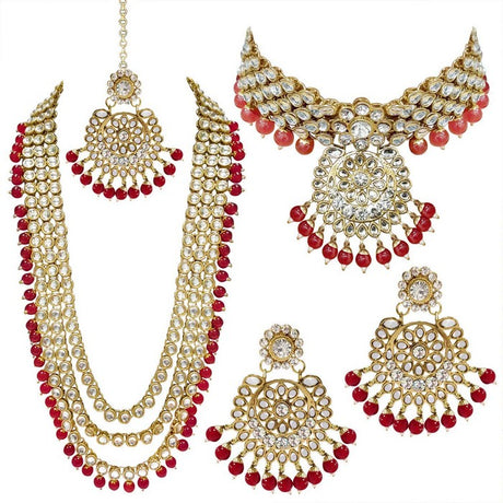 Alloy Necklace with Earrings and Maang Tikka in Red
