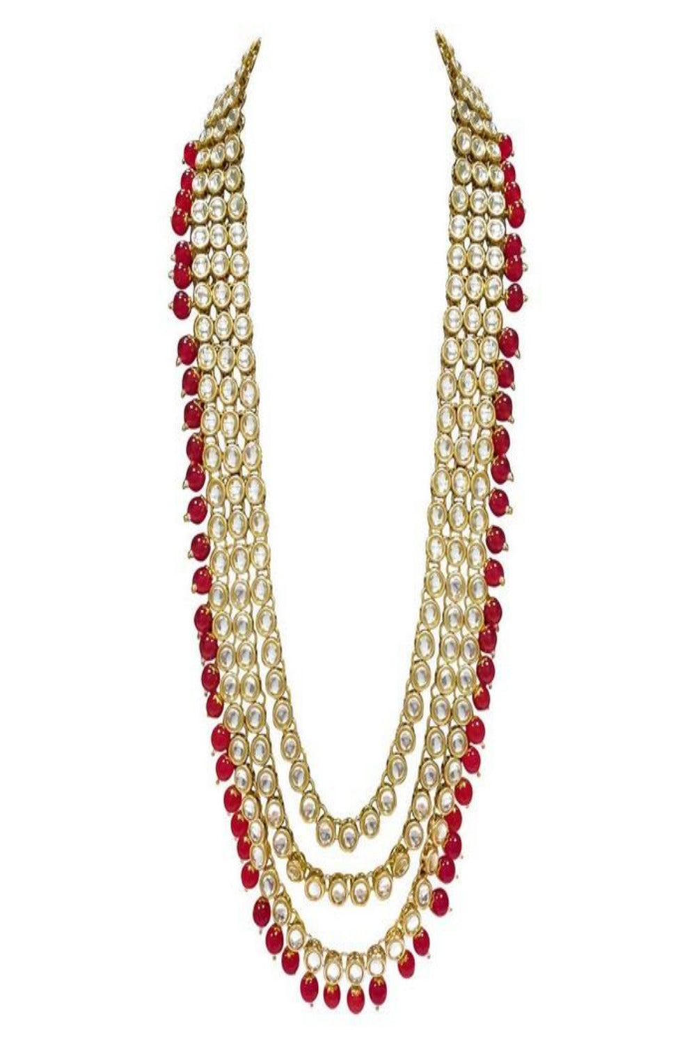 Alloy Necklace With Earrings And Maang Tikka In Red