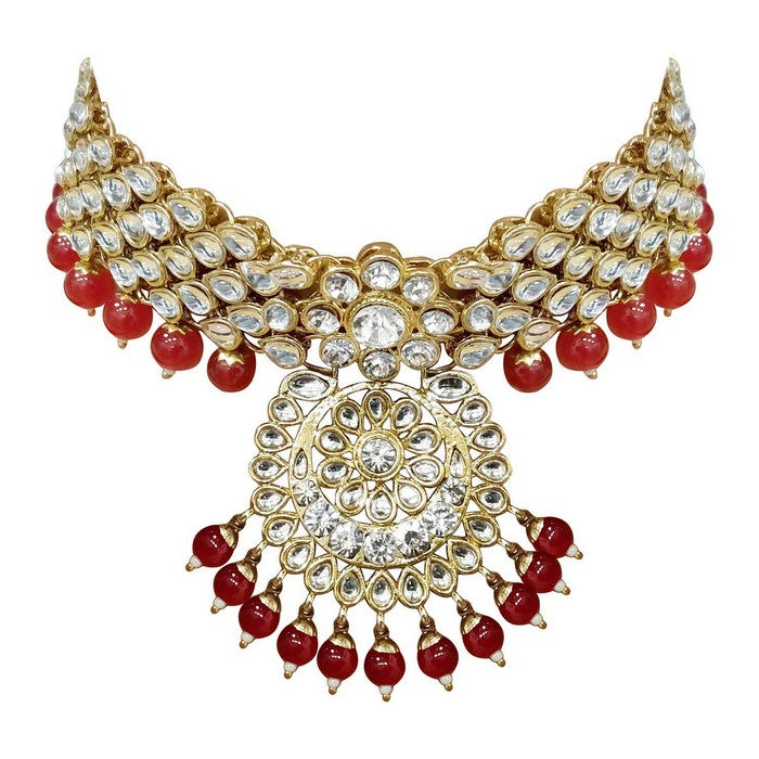 Alloy Necklace With Earrings And Maang Tikka In Red