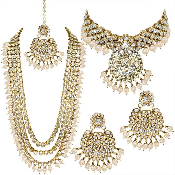 Alloy Necklace With Earrings And Maang Tikka In White