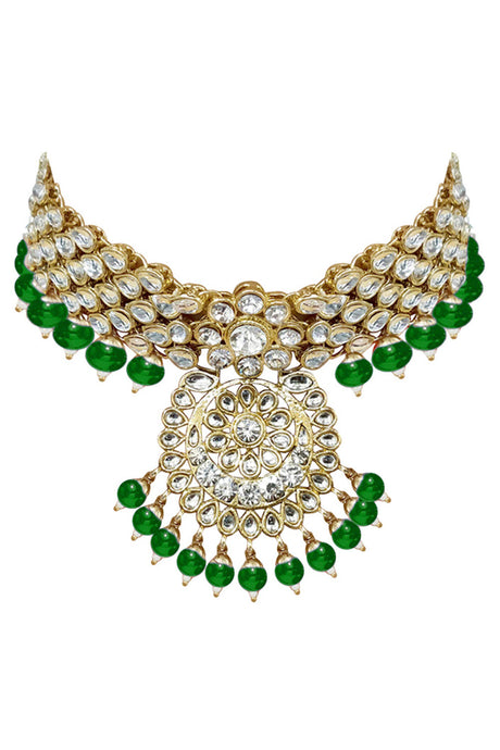 Alloy Necklace with Earrings and Maang Tikka in green