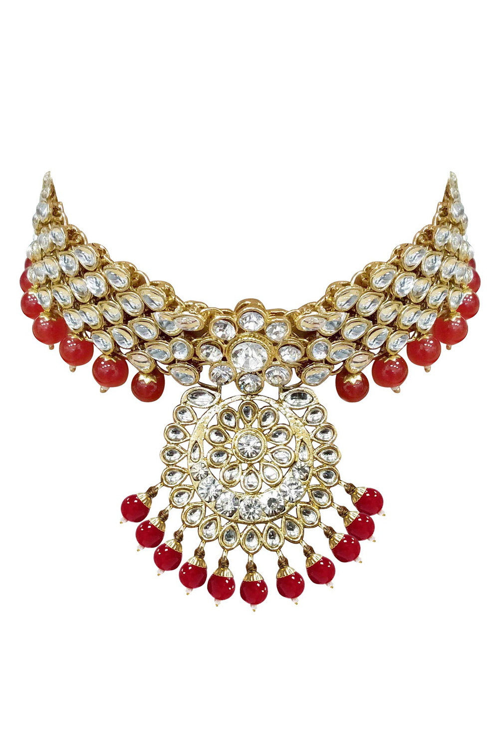 Alloy Necklace With Earrings And Maang Tikka In Red