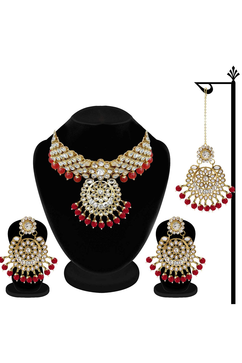 Alloy Necklace With Earrings And Maang Tikka In Red