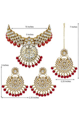 Alloy Necklace With Earrings And Maang Tikka In Red