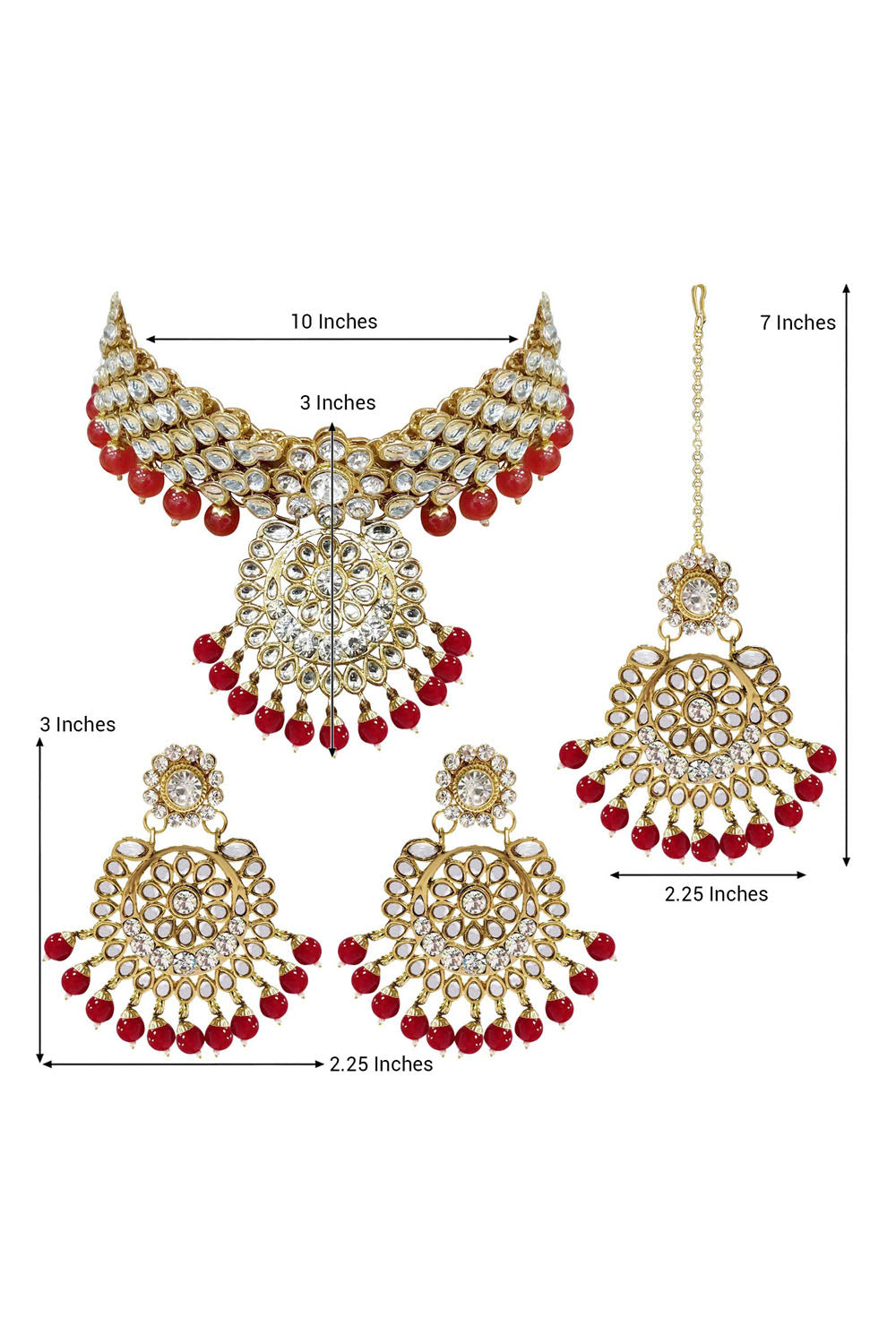 Alloy Necklace With Earrings And Maang Tikka In Red