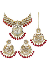 Alloy Necklace With Earrings And Maang Tikka In Red