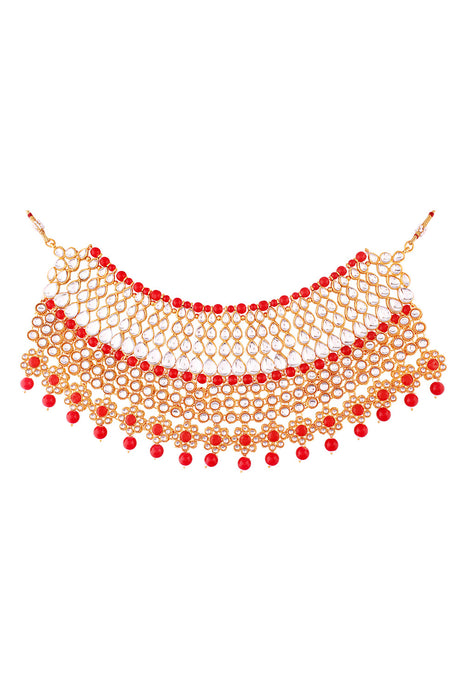 Alloy Necklace With Earrings And Maang Tikka In Red