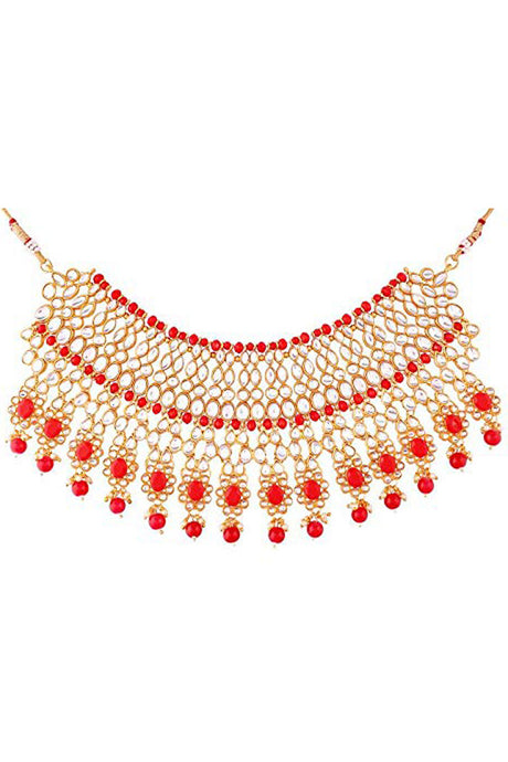 Alloy Necklace With Earrings And Maang Tikka In Red