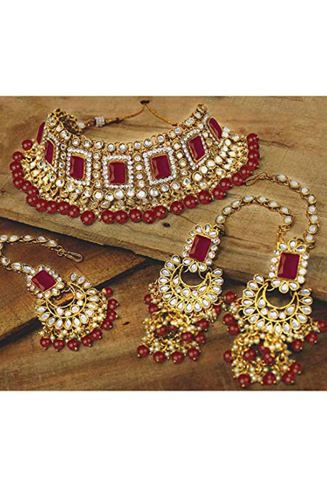 Buy Women's Alloy Necklace Set in Maroon and Gold