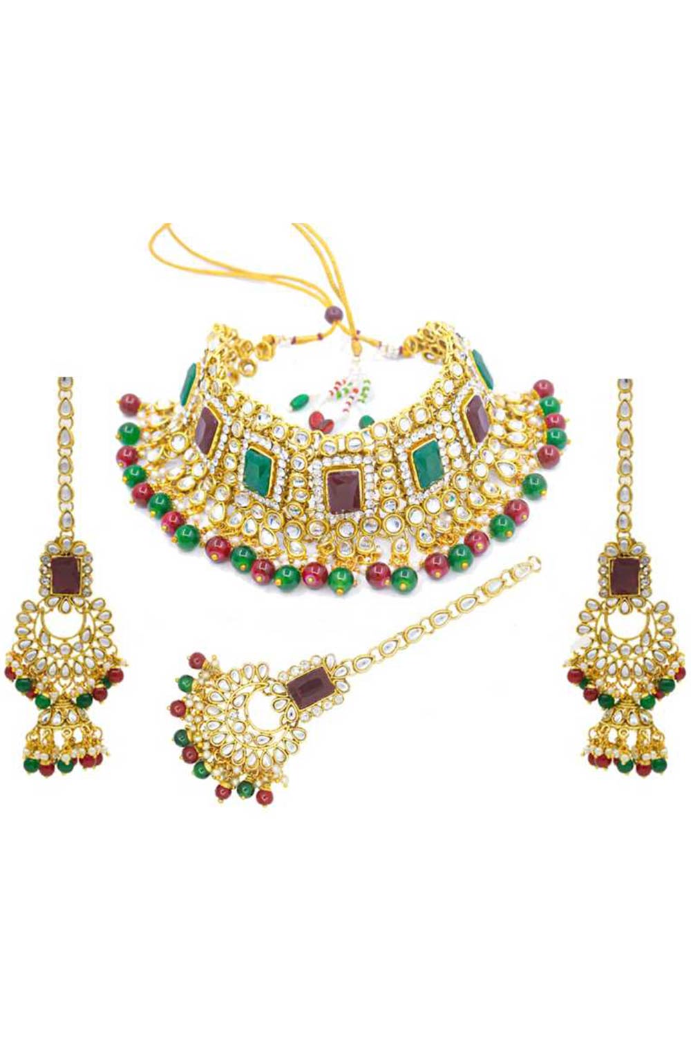 Buy Women's Alloy Necklace & Earring Sets in Maroon Green