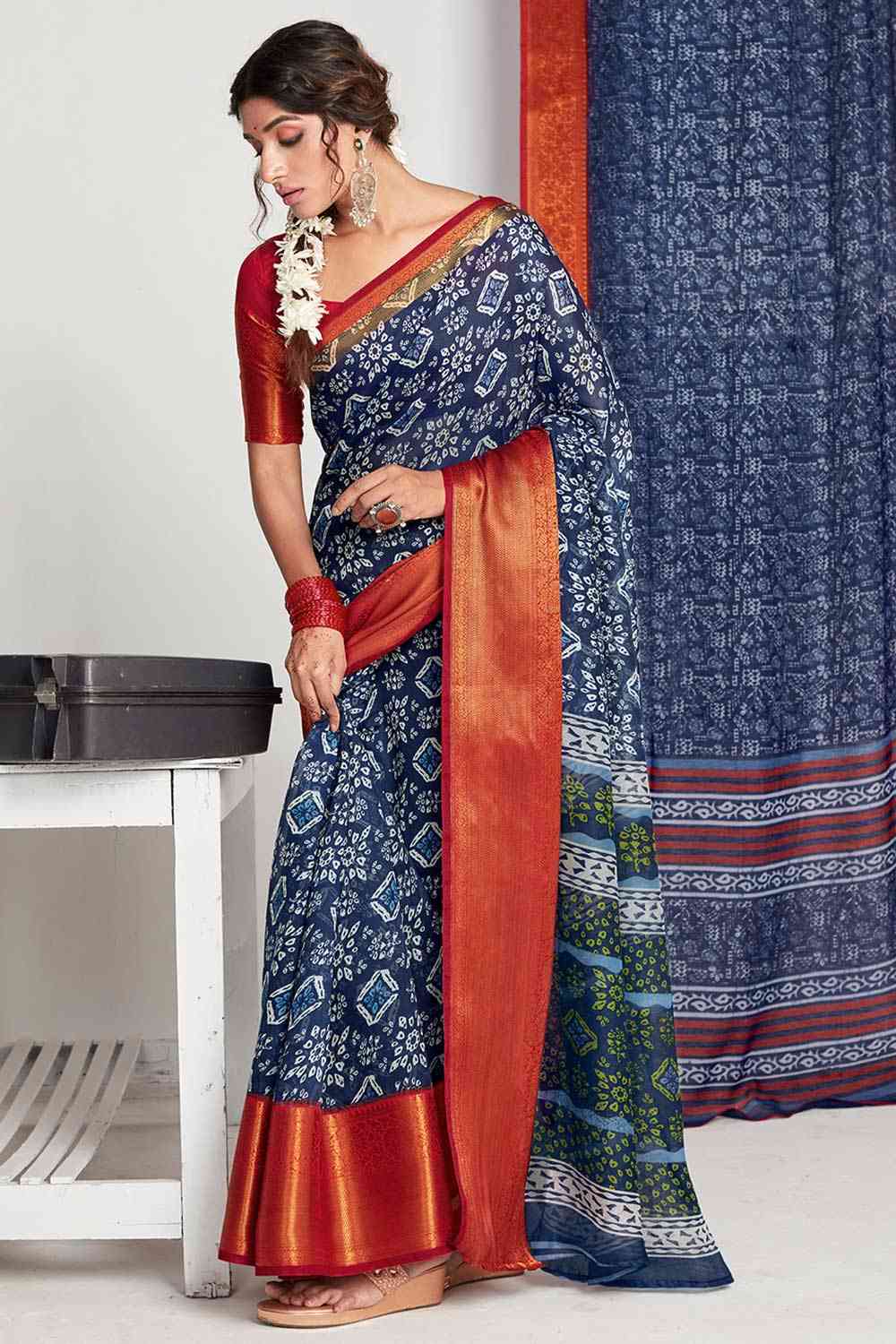 Buy Navy Blue Cotton Bagh Printed Saree Online