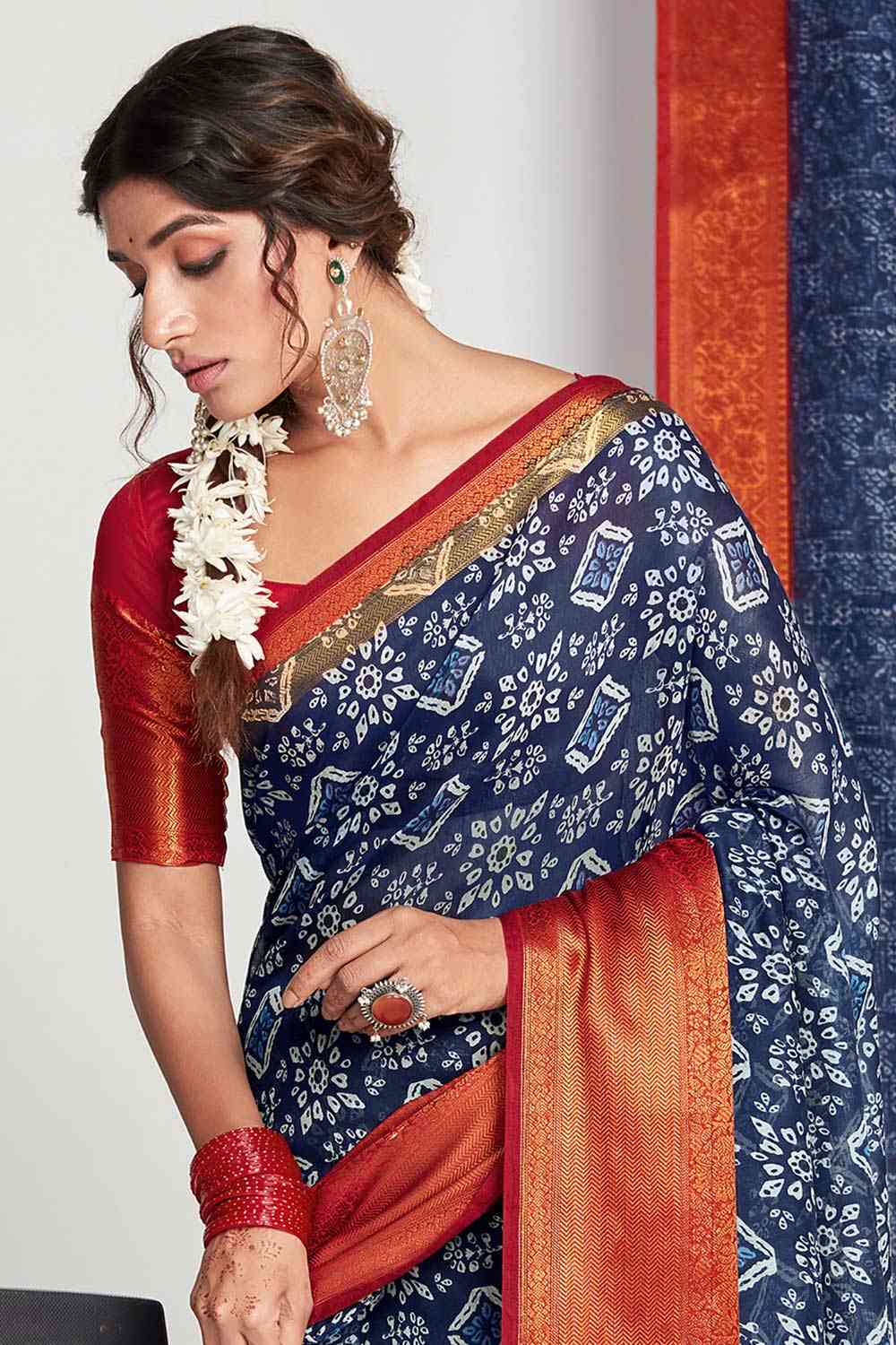 Buy Navy Blue Cotton Bagh Printed Saree Online - Front