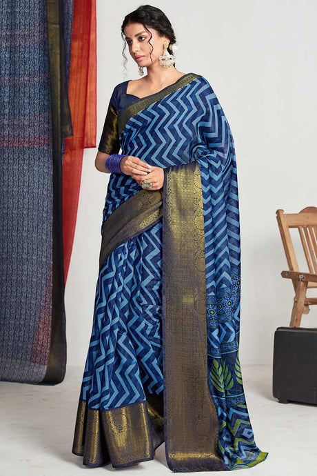 Buy Navy Blue Cotton Geometric Printed Saree Online