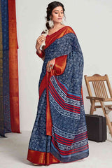 Buy Navy Blue Cotton Bagh Printed Saree Online