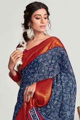 Buy Navy Blue Cotton Bagh Printed Saree Online - Front