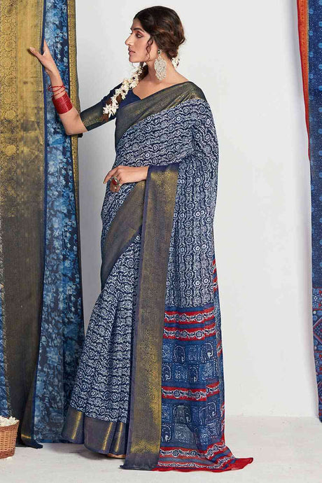 Buy Navy Blue Cotton Bagh Printed Saree Online